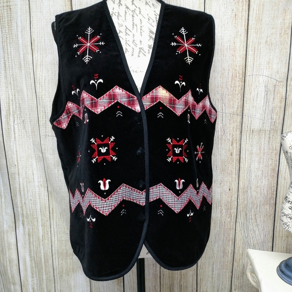 Velvety Black Vest Red & White Design!